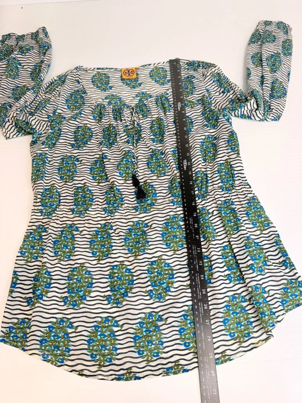 Tory Burch Blouse Women 12 Floral Stripe Tassel Boho Peasant Top Resort Work Ex